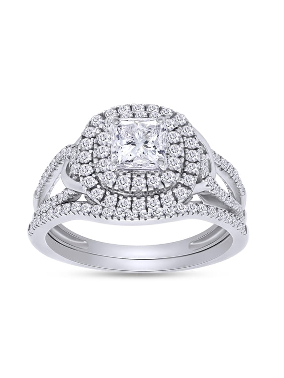 Double Halo Bridal Ring Set for Women 1.00 Cttw Princess and Round Cut Lab Grown Diamond Split Shank Engagement Wedding Rings in 14K White Gold Plated 925 Sterling Silver Jewelry Size-5