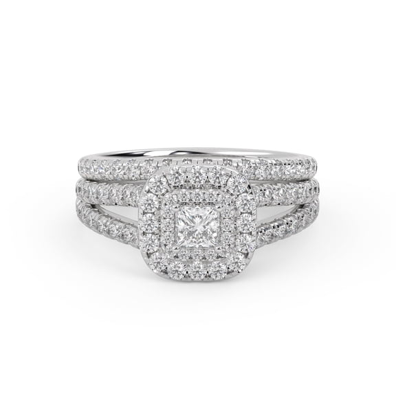 AFFY Double Halo Bridal Ring Set for Women Center 3mm Princess and Round Cut Lab Created Moissanite Split Shank Engagement Wedding Ring In 14K White Gold Plated 925 Sterling Silver Size-5.5