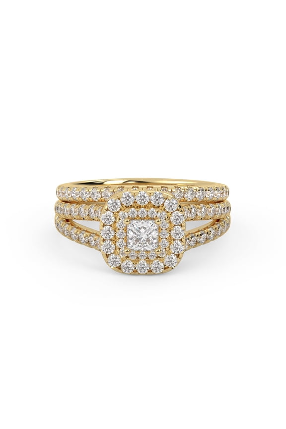 Double Halo Bridal Ring Set for Women Center 3mm Princess and Round Cut Lab Created Moissanite Split Shank Engagement Wedding Ring In 14K Yellow Gold Plated 925 Sterling Silver Size-6.5
