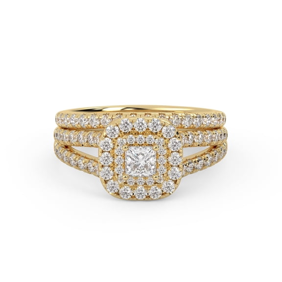 AFFY Double Halo Bridal Ring Set for Women Center 3mm Princess and Round Cut Lab Created Moissanite Split Shank Engagement Wedding Ring In 14K Yellow Gold Plated 925 Sterling Silver Size-7.5