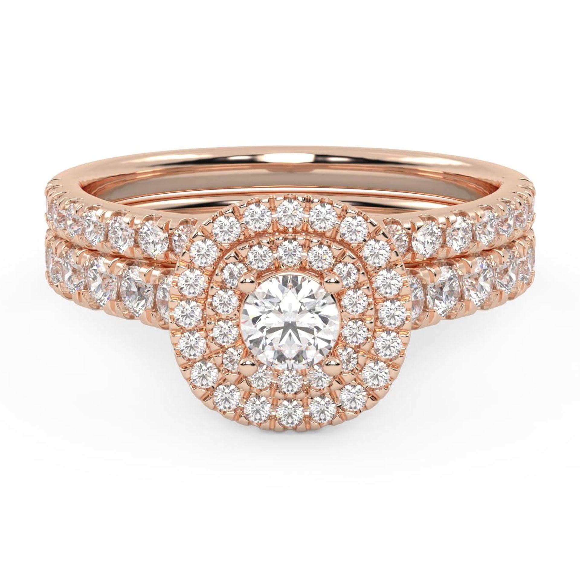 AFFY Double Halo Bridal Ring Set for Women Round Cut Lab Created Moissanite Engagement Wedding Rings In 10K Solid Rose Gold Size 9