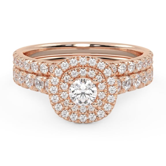 AFFY Double Halo Bridal Ring Set for Women Round Cut Lab Created Moissanite Engagement Wedding Rings In 14K Solid Rose Gold Size 6