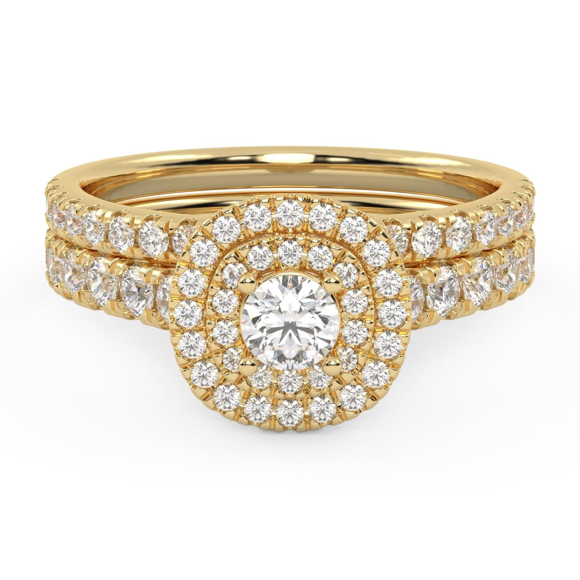 AFFY Double Halo Bridal Ring Set for Women Round Cut Lab Created Moissanite Engagement Wedding Rings In 14K Yellow Gold Over Sterling Silver Size 8.5