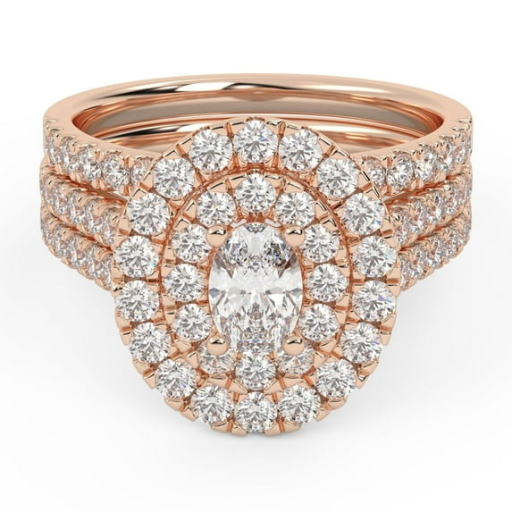 AFFY Double Halo Bridal Set Ring for Women, 2 Carat (ctw) Oval Cut Lab Grown Diamond Half Eternity Engagement Wedding Ring In 14K Rose Gold Over Sterling Silver F-G-H, SI Quality Ring Size-4