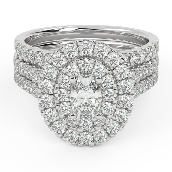 AFFY Double Halo Bridal Set Ring for Women, 2 Carat (ctw) Oval Cut Lab Grown Diamond Half Eternity Engagement Wedding Ring In 14K White Gold Over Sterling Silver F-G-H, SI Quality Ring Size-7