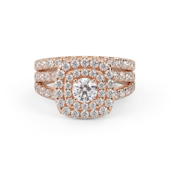 AFFY Double Halo Bridal Set Ring for Women, Center 4.5mm Round Lab Created Moissanite Cushion Frame Split Shank Engagement Wedding Ring in 14K Rose Gold Over Sterling Silver Size-5