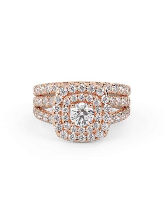 Double Halo Bridal Set Ring for Women, Center 4.5mm Round Lab Created Moissanite Cushion Frame Split Shank Engagement Wedding Ring in 14K Rose Gold Over Sterling Silver Size-8