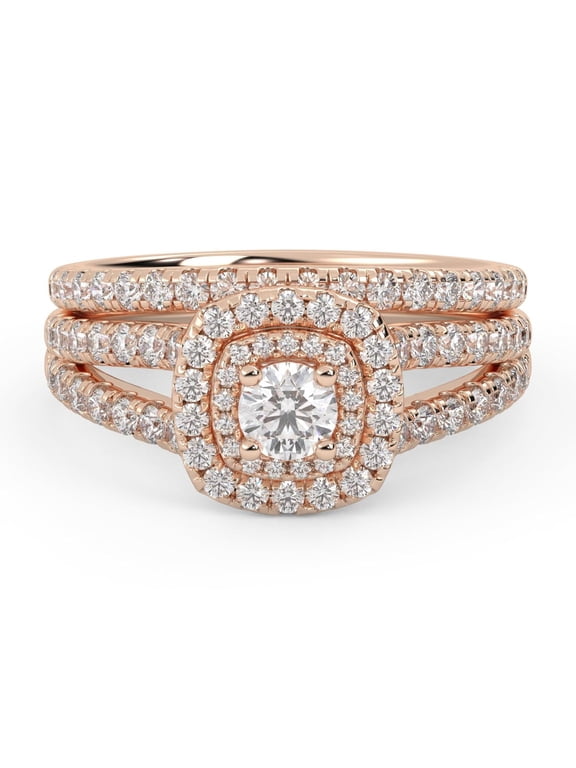 Double Halo Bridal Set Ring for Women, Center 4mm Round Lab Created Moissanite Cushion Frame Split Shank Engagement Wedding Ring in 14K Rose Gold Over Sterling Silver Size-7.5