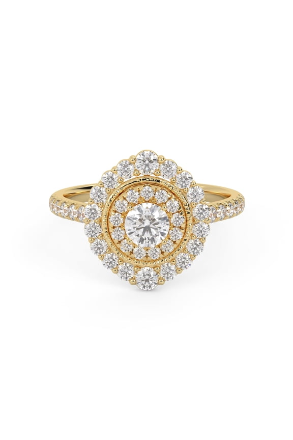 Double Halo Cluster Engagement Rings for Women, 1 Carat (ctw) Round Cut Lab Grown Diamond Ring In 14K Yellow Gold Over 925 Sterling Silver F-G-H, SI Quality Ring Size-6.5