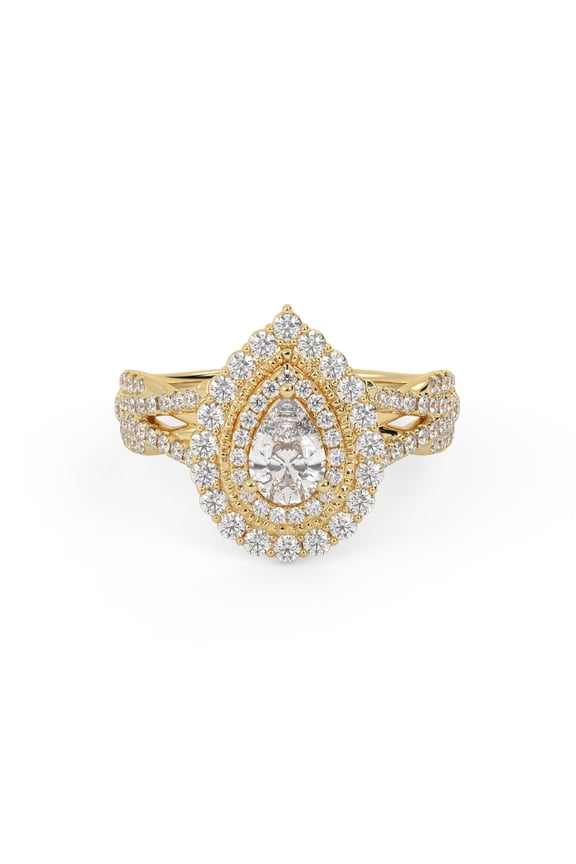 Double Halo Shank Engagement Rings for Women, 1.00 Cttw Pear And Round Lab Grown Diamond Ring In 10K Solid Yellow Gold F-G, VS-SI Quality Ring Size-10