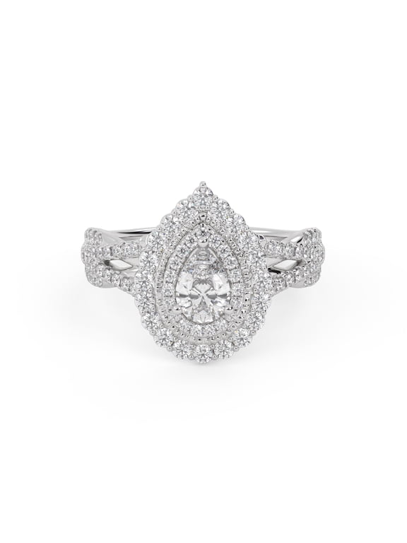 Double Halo Shank Engagement Rings for Women, 1.00 Cttw Pear And Round Lab Grown Diamond Ring In 14K White Gold Over 925 Sterling Silver F-G-H, SI Quality Ring Size-8