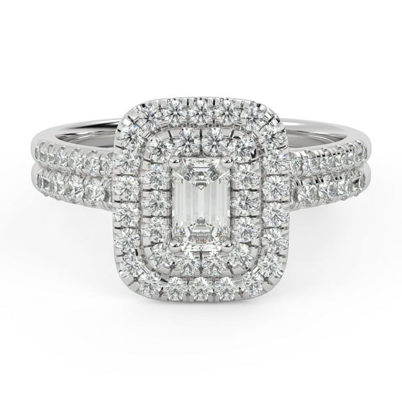 AFFY Double Halo Solitaire Bridal Set Ring for Women, 1 Cttw Emerald And Round Lab Grown Diamond Engagement Wedding Ring 14K White Gold Over 925 Sterling Silver F-G-H, SI Quality Ring Size-4