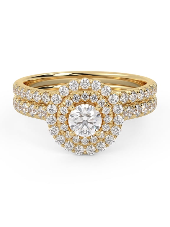 Double Halo Solitaire Bridal Set Rings for Women, 1.00 Carat (ctw) Round Cut Lab Grown Diamond Ring 14K Yellow Gold Over 925 Sterling Silver F-G-H, SI Quality Ring Size-4