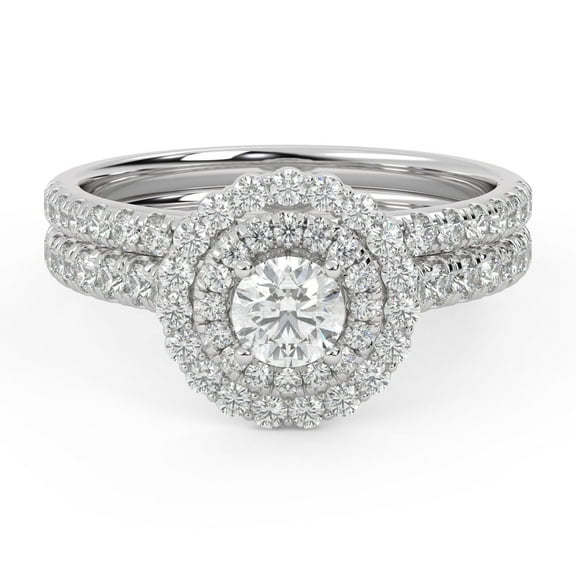 AFFY Double Halo Solitaire Bridal Set Rings for Women, IGI Certified 1.00 Carat (ctw) Round Cut Lab Grown Diamond Ring 14K Solid White Gold F-G, VS-SI Quality Ring Size-4