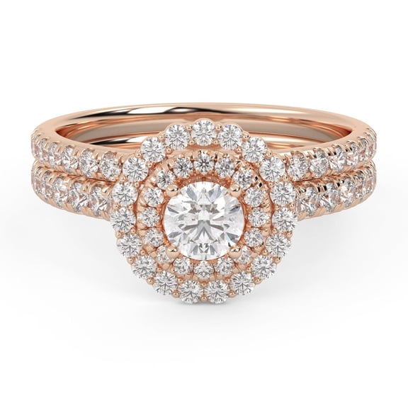 AFFY Double Halo Solitaire Bridal Set Rings for Women, 4.3MM Round Cut Lab Created Moissanite Ring In 10K Solid Rose Gold Size 5.5