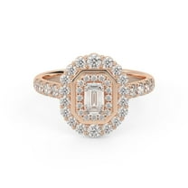 AFFY Double Halo Solitaire Engagement Wedding Rings for Women Center 5X3MM Emerald and Round Cut Lab Created Moissanite Promise Ring Jewelry Gift for Her In 10K Solid Rose Gold Size 10