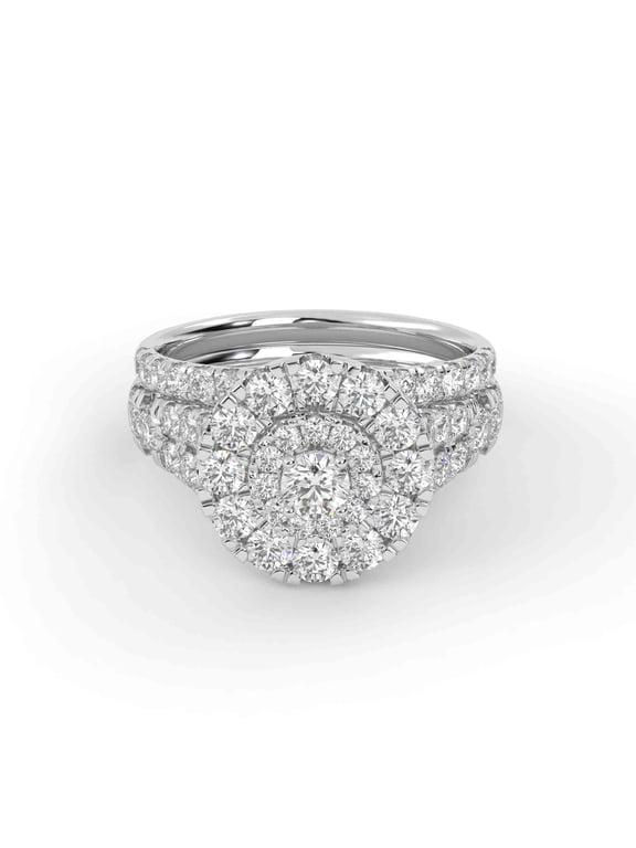 Double Halo Split Shank Bridal Ring Set, 1.80 Cttw Lab Grown Diamond Engagement Wedding Rings for Women 14K White Gold Over 925 Sterling Silver F-G-H, SI Quality Ring Size-6.5