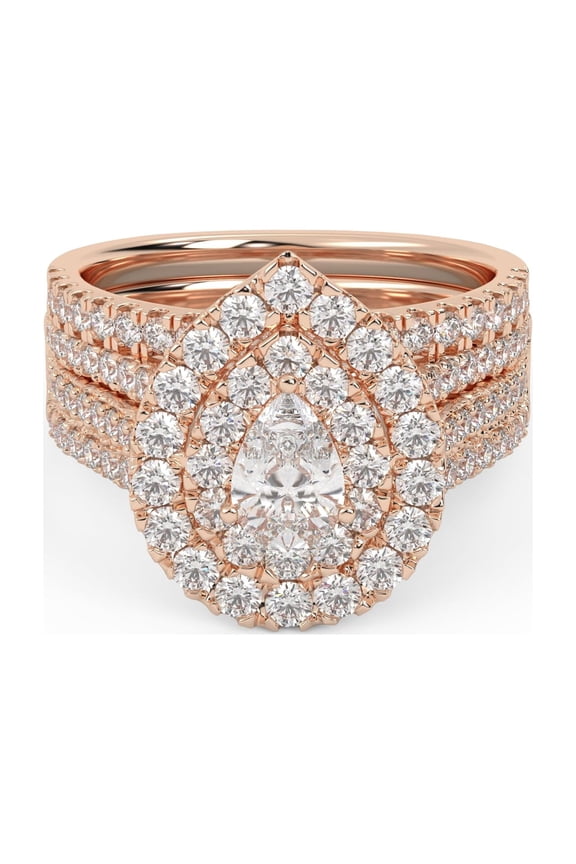 Double Halo Teardrop Bridal Ring Set for Women Center 6X4mm Pear Cut Lab Created Moissanite Engagement Wedding Ring in 14K Rose Gold Over Sterling Silver Size-4.5