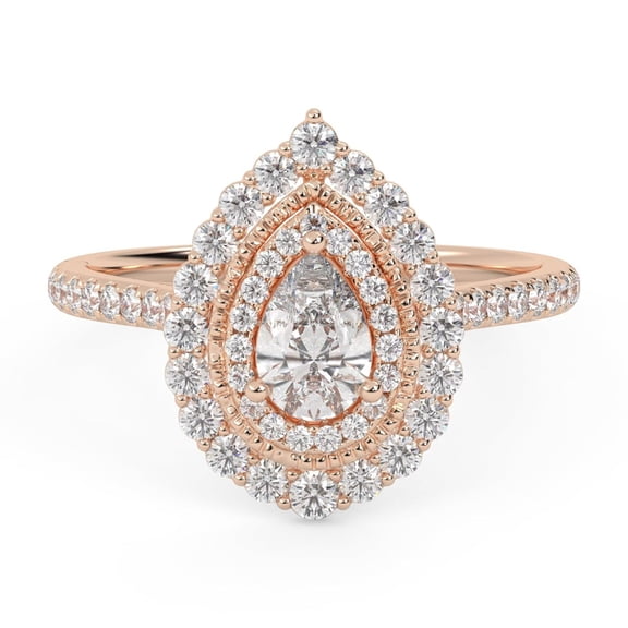 AFFY Double Halo Teardrop Engagement Rings for Women, Center 6x4mm Pear and Round Cut Lab Created Moissanite Ring in 14K Solid Rose Gold, Ring Size 5