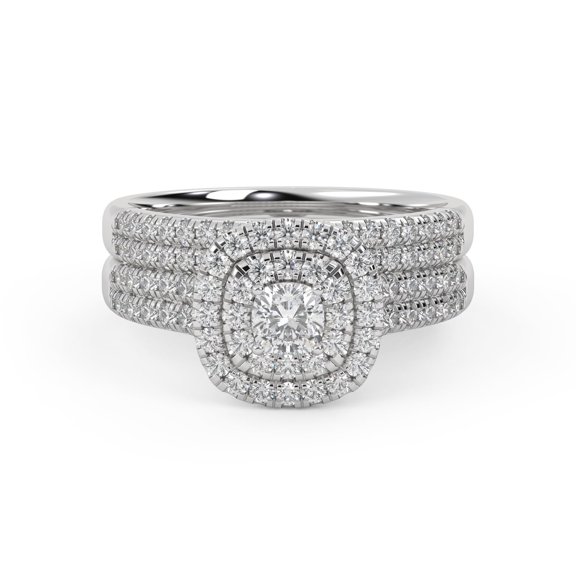 AFFY Double Halo Two Row Bridal Set Ring for Women, 3.5mm Cushion and Round cut Lab Created Moissanite Engagement Wedding Ring In 14K White Gold Over Sterling Silver Size-4.5