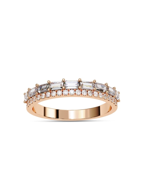 Double Row Half Eternity Wedding Band Rings for Women, Baguette and Round Cut Lab Created Moissanite Ring in 14K Rose Gold Plated 925 Sterling Silver Size-5.5
