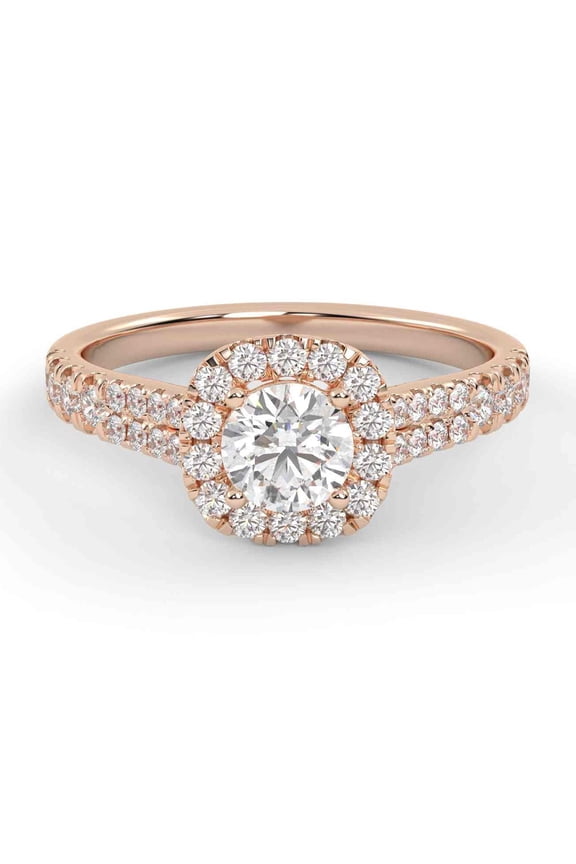 Double Row Halo Solitaire Engagement Ring, 0.95 Cttw Round Cut Lab Grown Diamond Rings for Women In 10K Solid Rose Gold F-G, VS-SI Quality Ring Size-4