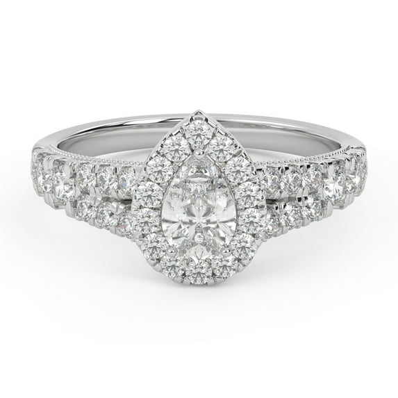 AFFY Double Row Teardrop Halo Solitaire Engagement Rings for Women, 1.00 Carat (ctw) Pear Cut Lab Grown Diamond Ring In 10K Solid White Gold F-G, VS-SI Quality Ring Size-6.5