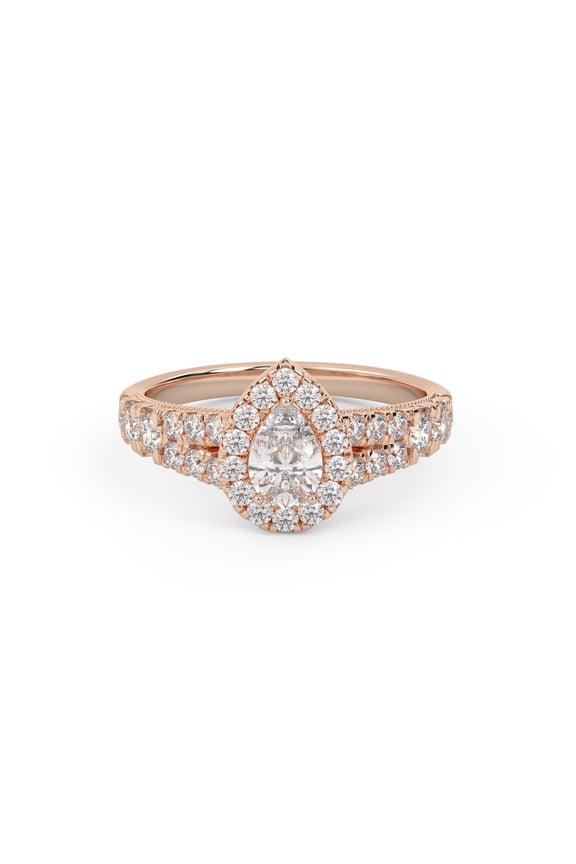 Double Row Teardrop Halo Solitaire Engagement Rings for Women, 1.00 Carat (ctw) Pear Cut Lab Grown Diamond Ring In 14K Rose Gold Over Sterling Silver F-G-H, SI Quality Ring Size-6