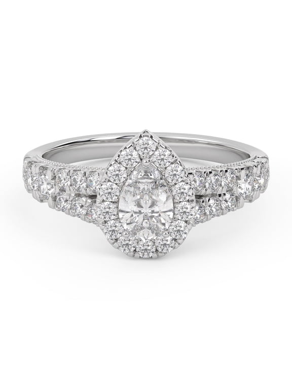 Double Row Teardrop Halo Solitaire Engagement Rings for Women, 1.00 Carat (ctw) Pear Cut Lab Grown Diamond Ring In 14K White Gold Over Sterling Silver F-G-H, SI Quality Ring Size-8.5