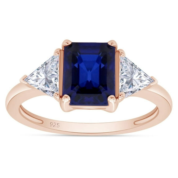 AFFY Emerald Cut Blue Sapphire & Trillion White Topaz Ring for Women 14K Rose Gold over Silver-5