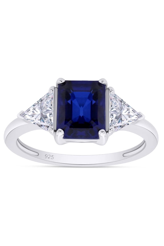 Emerald Cut Blue Sapphire & Trillion White Topaz Ring for Women 14K White Gold over Silver-4