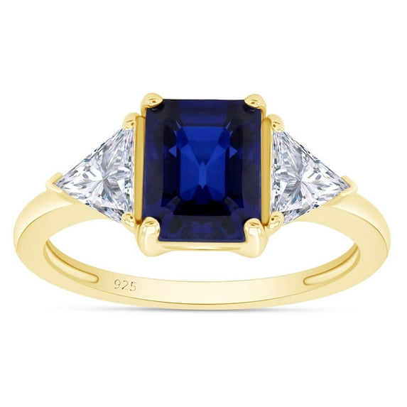 AFFY Emerald Cut Blue Sapphire & Trillion White Topaz Ring for Women 14K Yellow Gold over Silver-9.5