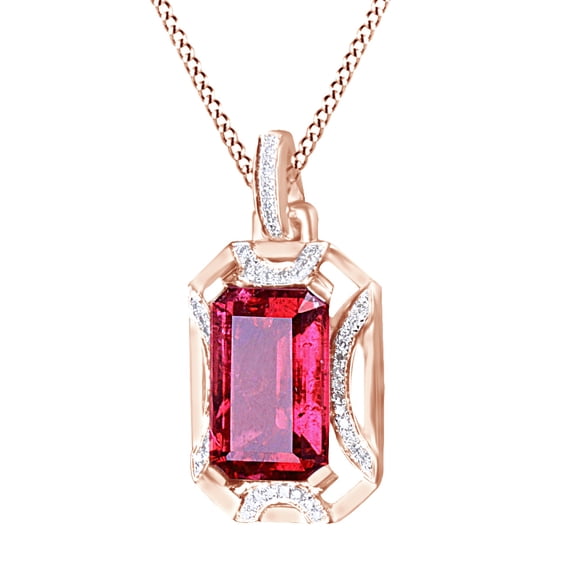AFFY Emerald Cut Pink Simulated Pink Tourmaline & White Natural Diamond Fashion Pendant Necklace In 14k Rose Gold (5.36 cttw)