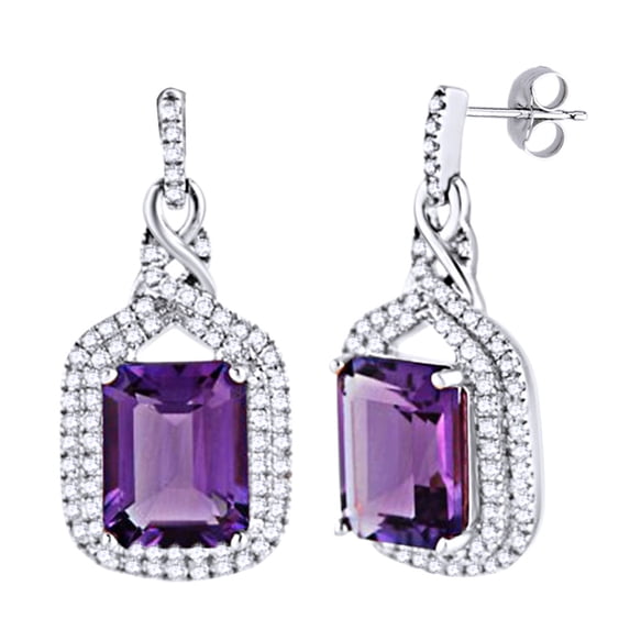 AFFY Emerald Cut Simulated Amethyst With Natural Diamond Halo Dangle Drop Earrings In 14K Solid White Gold