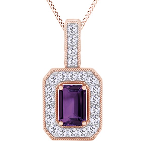 AFFY Emerald Shape Simulated Amethyst Halo Pendant Necklace In 14K Rose Gold Over Sterling Silver