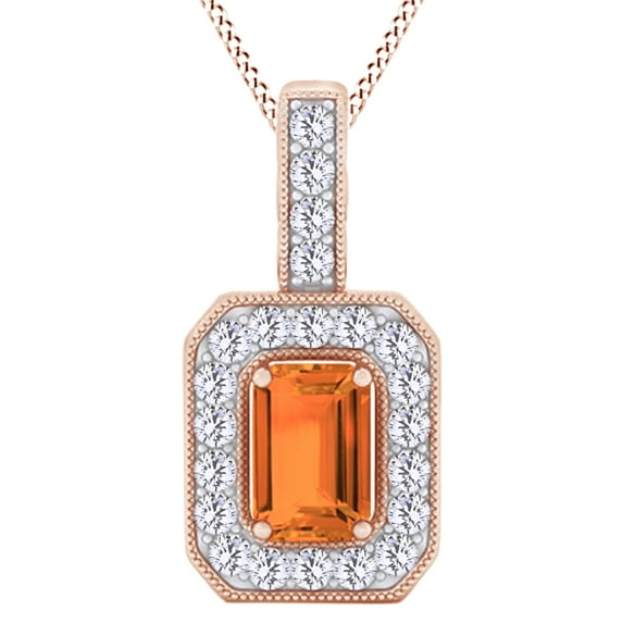 AFFY Emerald Shape Simulated Citrine Halo Pendant Necklace In 14K Rose Gold Over Sterling Silver
