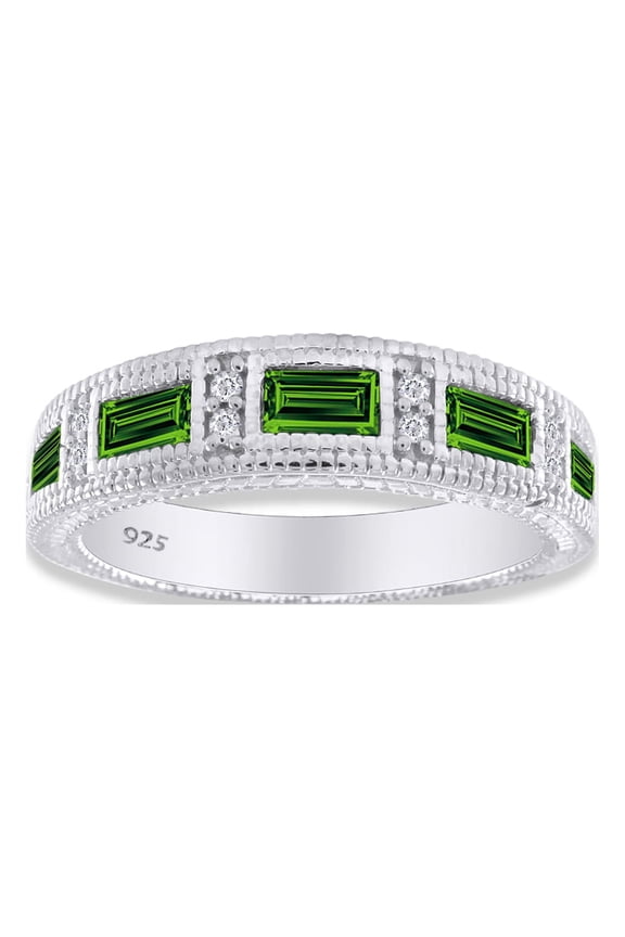 Emerald Shape Simulated Emerald Eternity Band Ring In 14K White Gold Over Sterling Silver Ring Size-5