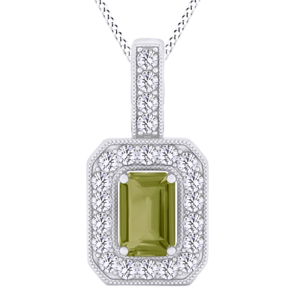 AFFY Emerald Shape Simulated Peridot Halo Pendant Necklace In 14K White Gold Over Sterling Silver