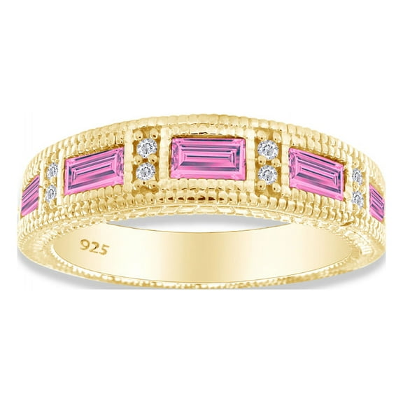 AFFY Emerald Shape Simulated Tourmaline Eternity Band Ring In 14K Yellow Gold Over Sterling Silver Ring Size-11.5