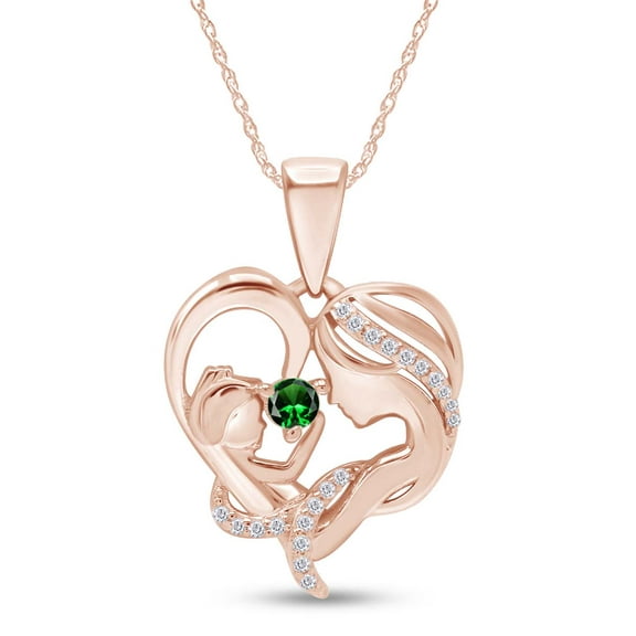 AFFY Emerald & White Cubic Zirconia Mom Heart Pendant Necklace 14k Rose Gold over Silver