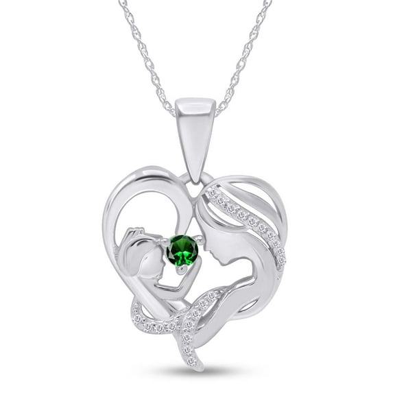 AFFY Emerald & White Cubic Zirconia Mom Heart Pendant Necklace 14k White Gold over Silver