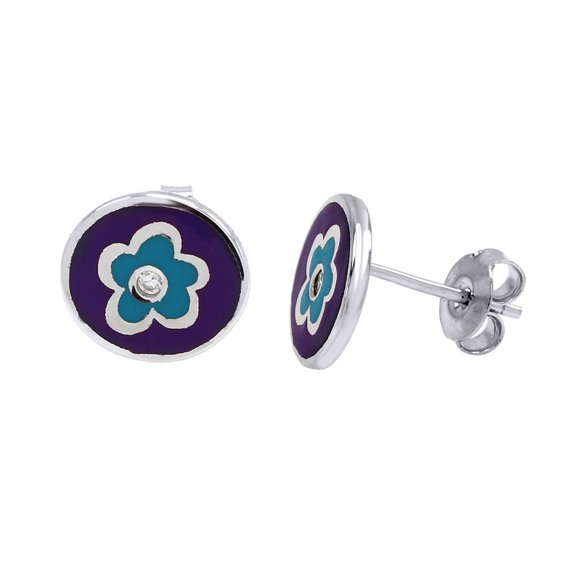 AFFY Enamel Flower Cute Stud Post Earrings in 14K White Gold Over Sterling Silver