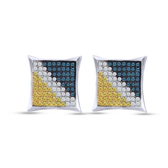 AFFY Enhanced Blue, Yellow And White Natural Diamond In 10k Solid Gold Square Kite Earrings 1/20 Cttw