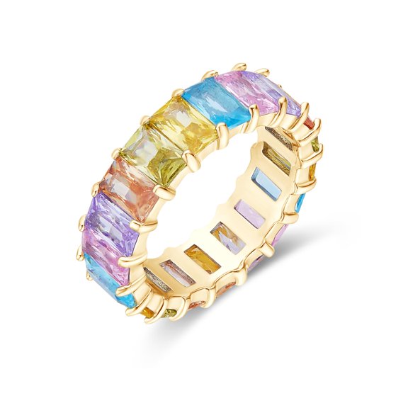 AFFY Eternity Rainbow Ring 18K Yellow Gold Plated Emerald-Cut Multi Color AAA Created-Gemstone Rainbow Ring, Stackable Ring, Wedding Band for Women, Gift For Her-5