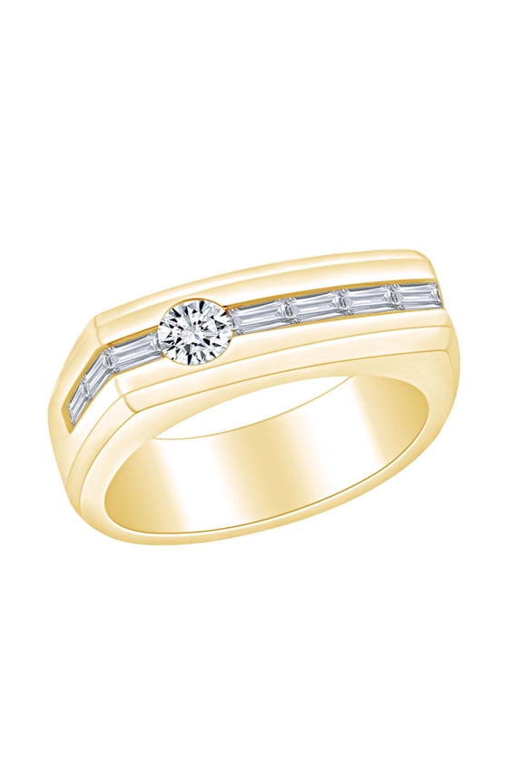 Father's Day Gift 0.87 Carat (Cttw) Round & Baguette White Natural Diamond Men's Anniversary Band Ring In 14k Solid Yellow Gold Ring Size-9