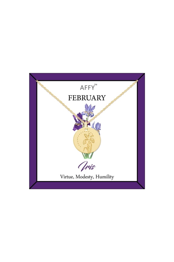 February Birth Month Iris Flower Disc Pendant Necklace In 18k Yellow Gold Plated Jewelry for Womens 18" Chain