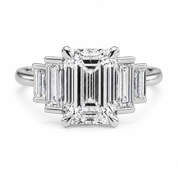 AFFY Five Stone Engagement Rings for Women 3.00 Carat (Ctw) Emerald & Baguette Cut Lab Grown Diamond Ring In 14K White Gold Over Sterling Silver Jewelry Size-8.5