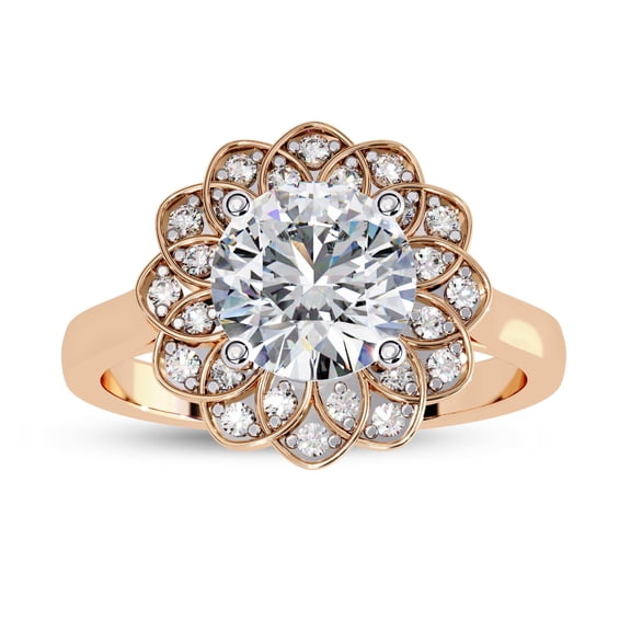 AFFY Floral Halo Solitaire Engagement Ring for Women, Center 7mm Round Cut Lab Created Moissanite Ring in 14K Rose Gold Plated 925 Sterling Silver Size-7