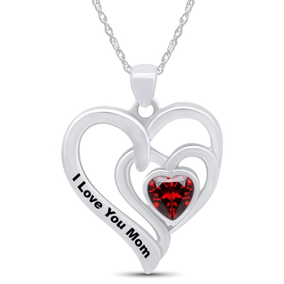 AFFY Garnet I LOVE YOU MOM Double Heart Womens Pendant Necklace 14k White Gold Over 925