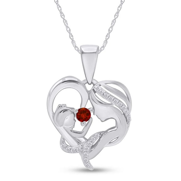 AFFY Garnet & White Cubic Zirconia Mom Heart Pendant Necklace 14k White Gold over Silver
